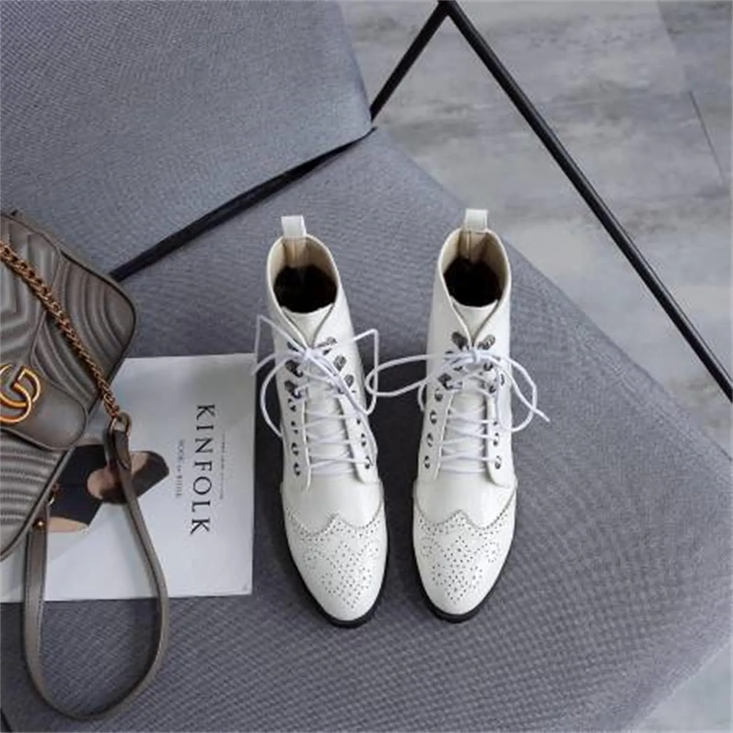 Women's Brogue Combat Ankle High Booties Platform Mid Block Heeled Pointed Toe Formal Lace Up Elegant Business Dress Bridal Church Boots Warm Winter Fall Comfy Shoes