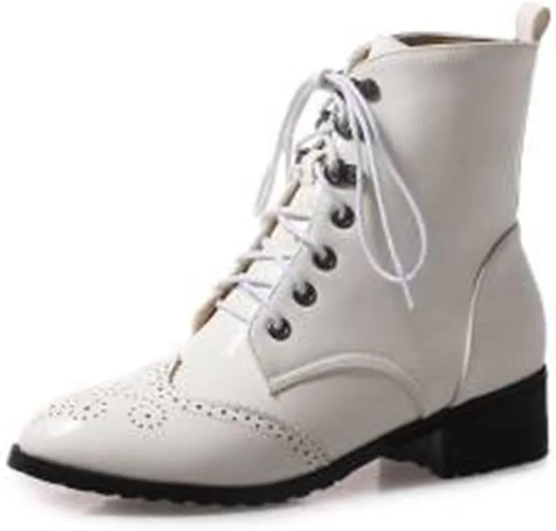 Women's Brogue Combat Ankle High Booties Platform Mid Block Heeled Pointed Toe Formal Lace Up Elegant Business Dress Bridal Church Boots Warm Winter Fall Comfy Shoes