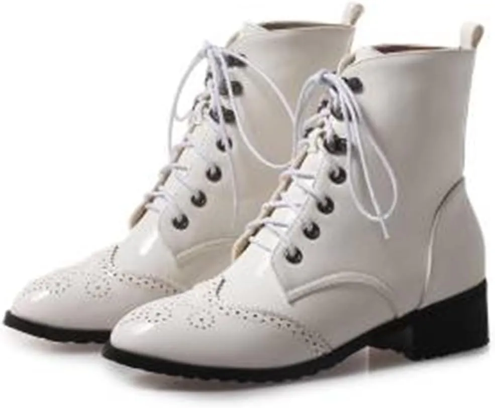 Women's Brogue Combat Ankle High Booties Platform Mid Block Heeled Pointed Toe Formal Lace Up Elegant Business Dress Bridal Church Boots Warm Winter Fall Comfy Shoes