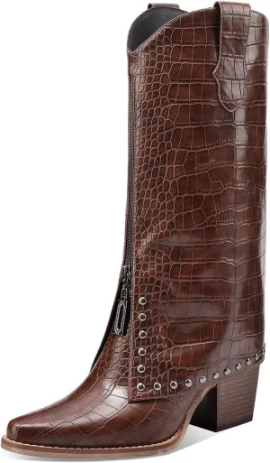 Women's Brown Crocodile Print Boots Fashion Slouchy Chunky Heel Pointed Toe Mid Calf boot Western Style Rivet shoe