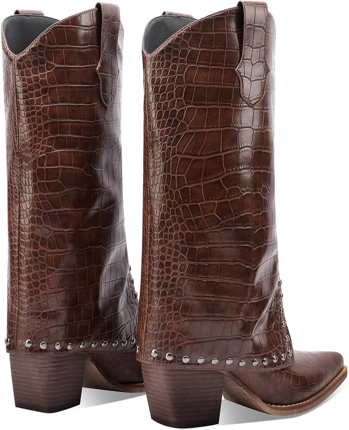 Women's Brown Crocodile Print Boots Fashion Slouchy Chunky Heel Pointed Toe Mid Calf boot Western Style Rivet shoe