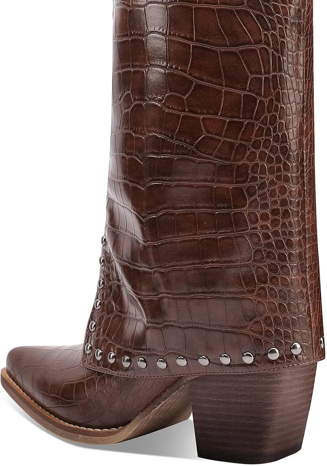 Women's Brown Crocodile Print Boots Fashion Slouchy Chunky Heel Pointed Toe Mid Calf boot Western Style Rivet shoe