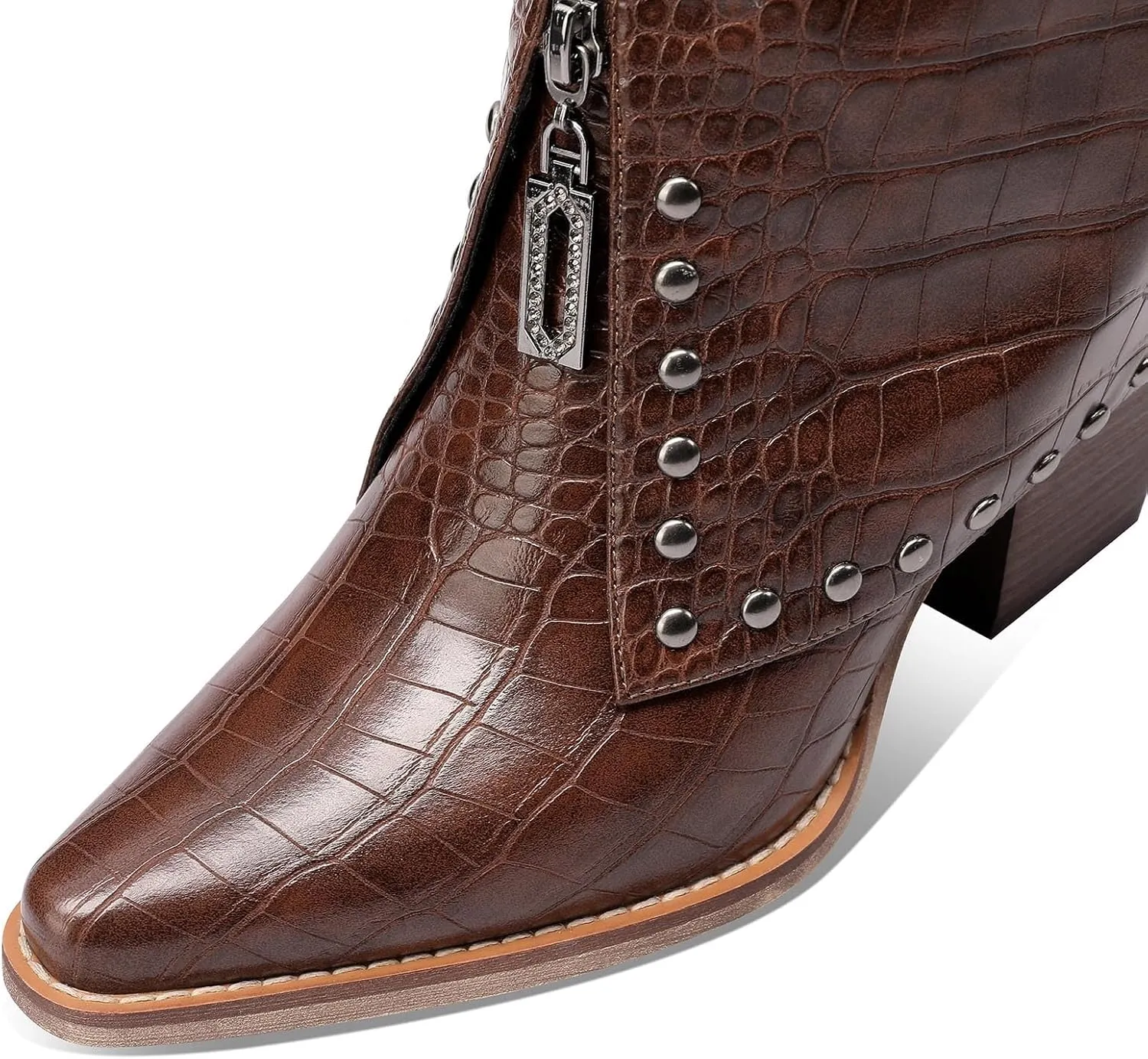 Women's Brown Crocodile Print Boots Fashion Slouchy Chunky Heel Pointed Toe Mid Calf boot Western Style Rivet shoe