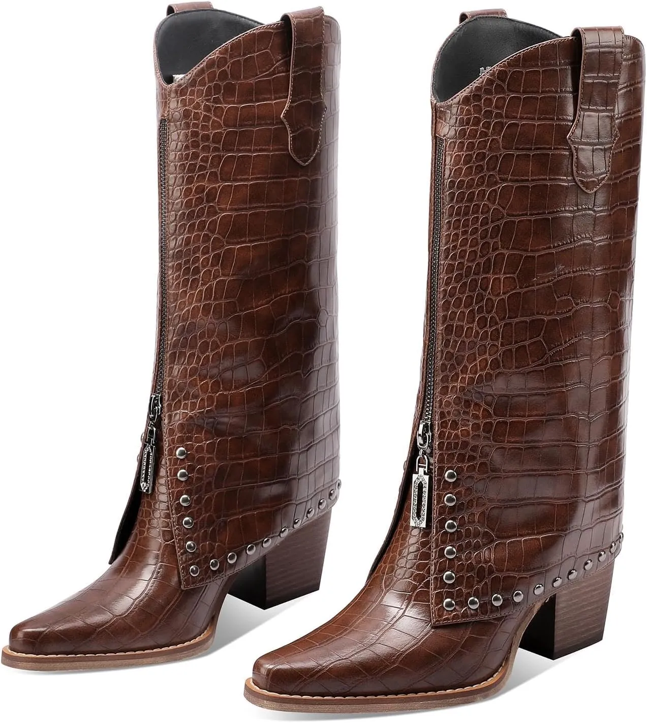 Women's Brown Crocodile Print Boots Fashion Slouchy Chunky Heel Pointed Toe Mid Calf boot Western Style Rivet shoe