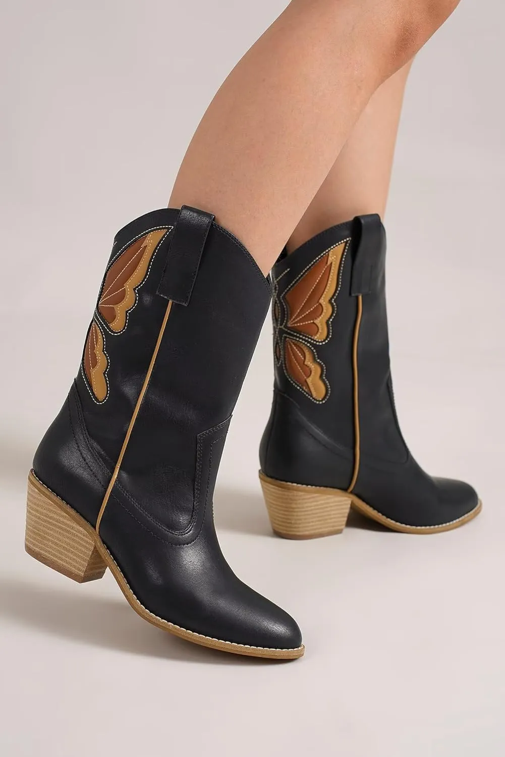 Women's Butterfly Western Booties Cowboy Boots Stacked Block Heel Boots Cowgirl Boots Pointed Toe Boots