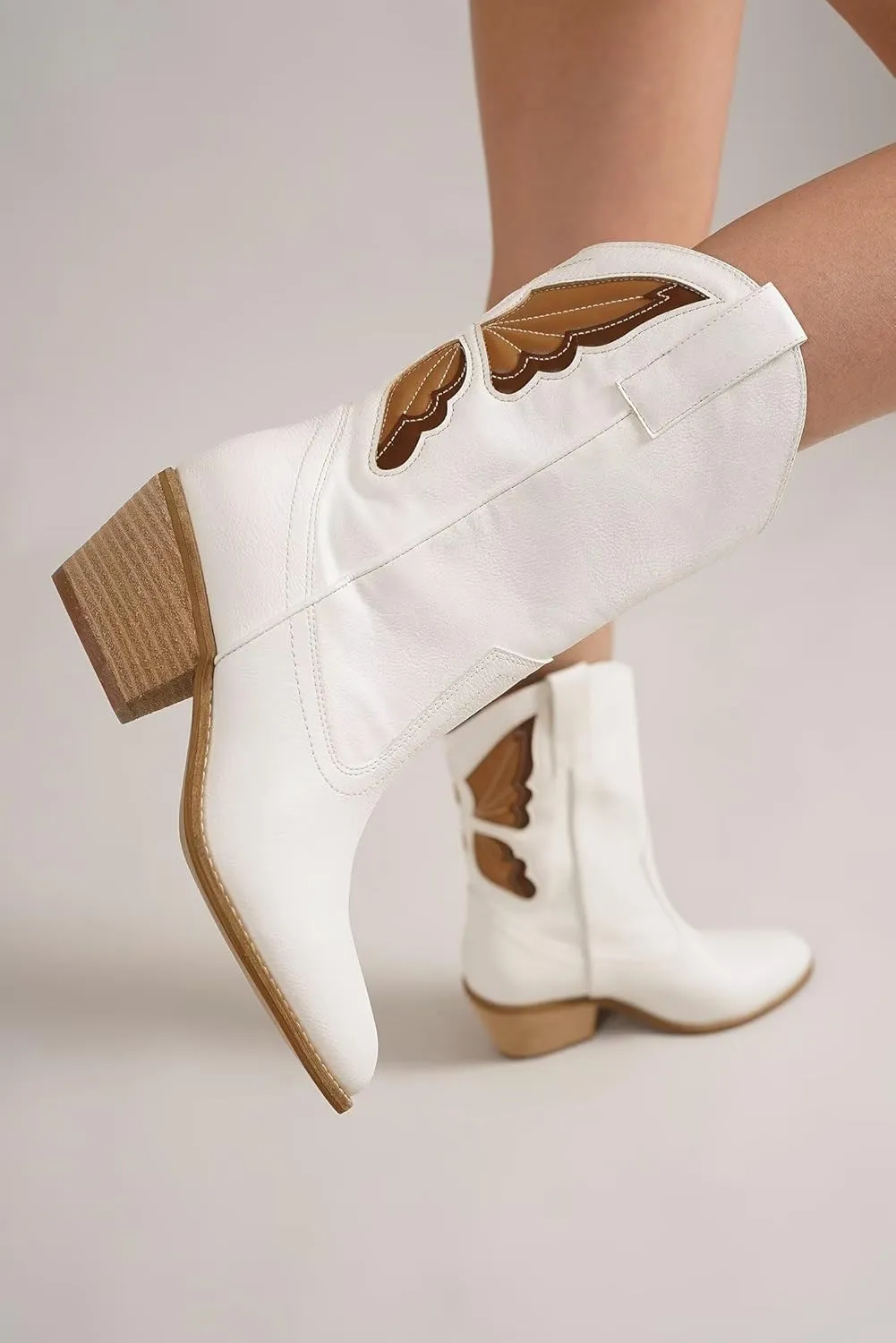 Women's Butterfly Western Booties Cowboy Boots Stacked Block Heel Boots Cowgirl Boots Pointed Toe Boots
