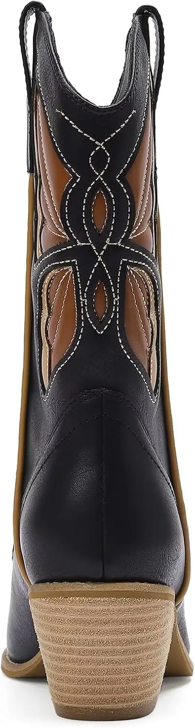 Women's Butterfly Western Booties Cowboy Boots Stacked Block Heel Boots Cowgirl Boots Pointed Toe Boots