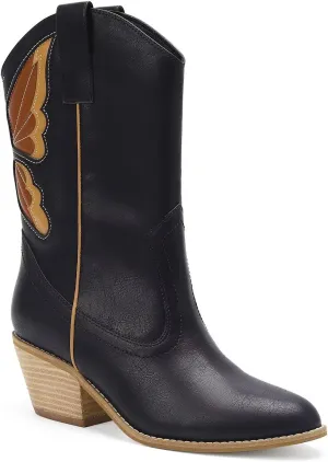 Women's Butterfly Western Booties Cowboy Boots Stacked Block Heel Boots Cowgirl Boots Pointed Toe Boots