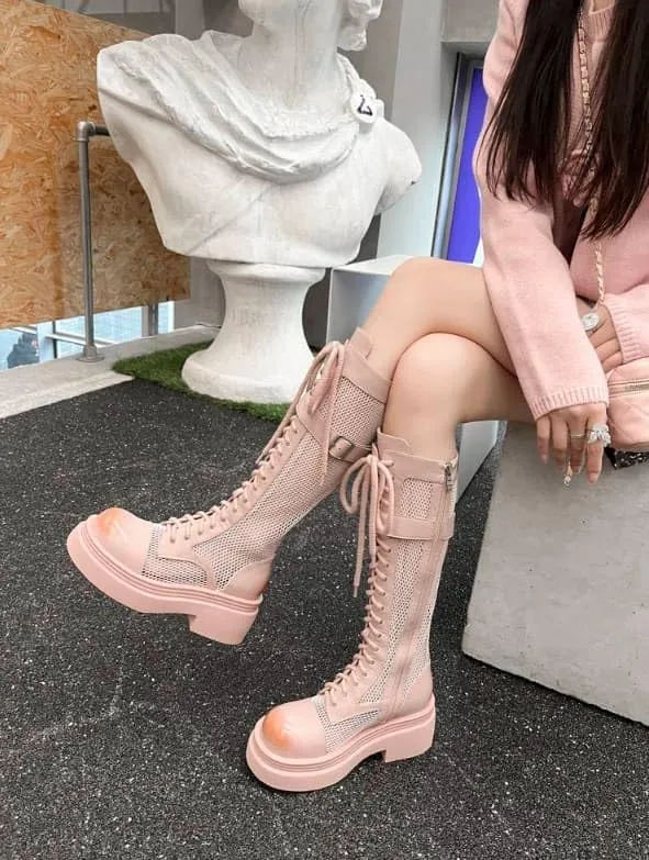 Women's casual mesh lace-up platform high heel knee-high boots, stylish zip and buckle shoes