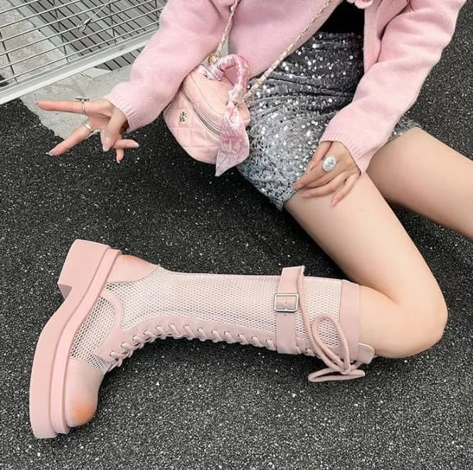 Women's casual mesh lace-up platform high heel knee-high boots, stylish zip and buckle shoes