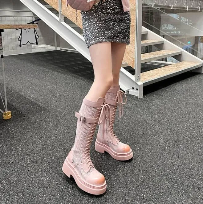 Women's casual mesh lace-up platform high heel knee-high boots, stylish zip and buckle shoes