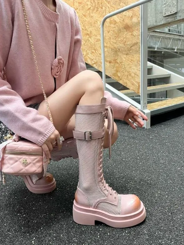 Women's casual mesh lace-up platform high heel knee-high boots, stylish zip and buckle shoes