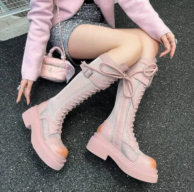 Women's casual mesh lace-up platform high heel knee-high boots, stylish zip and buckle shoes