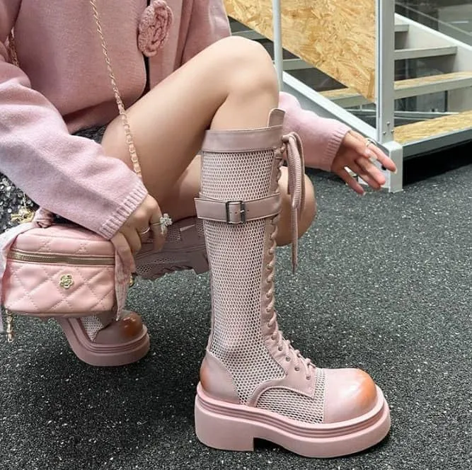 Women's casual mesh lace-up platform high heel knee-high boots, stylish zip and buckle shoes