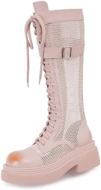 Women's casual mesh lace-up platform high heel knee-high boots, stylish zip and buckle shoes