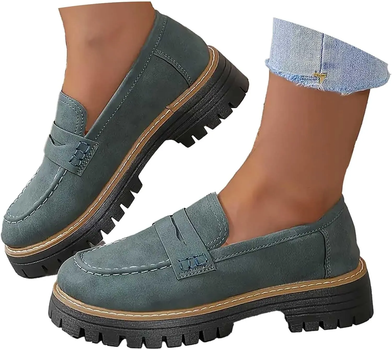 Women's Chunky Loafers Slip On Loafers Business Casual Shoes Dressy Platform Loafers Fashion Outfit Loafer Shoes
