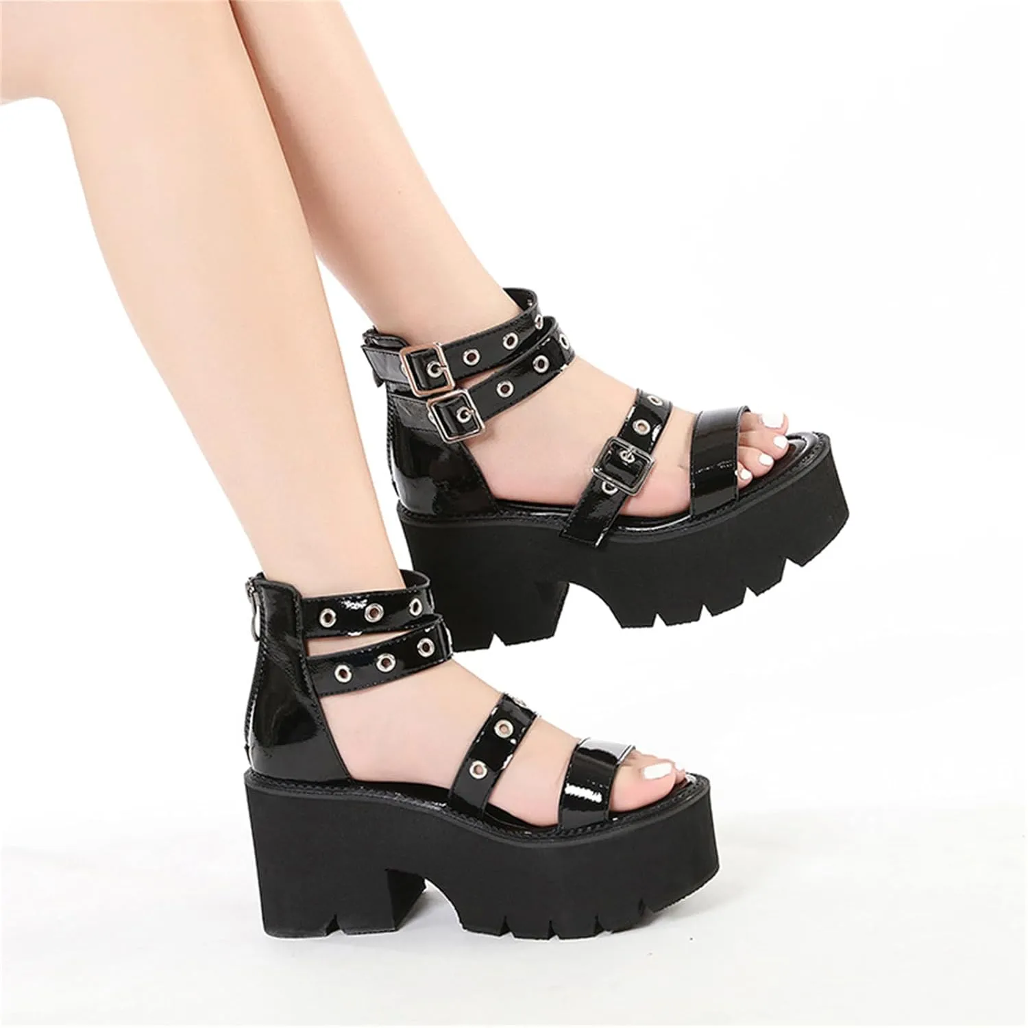 Women's Chunky Platform Heels Gothic Gladiator Sandals With Adjust Studded Metal Buckle Fashion Y2k Wedge Thick Sole Punk Motorcycle Combat Short Boots