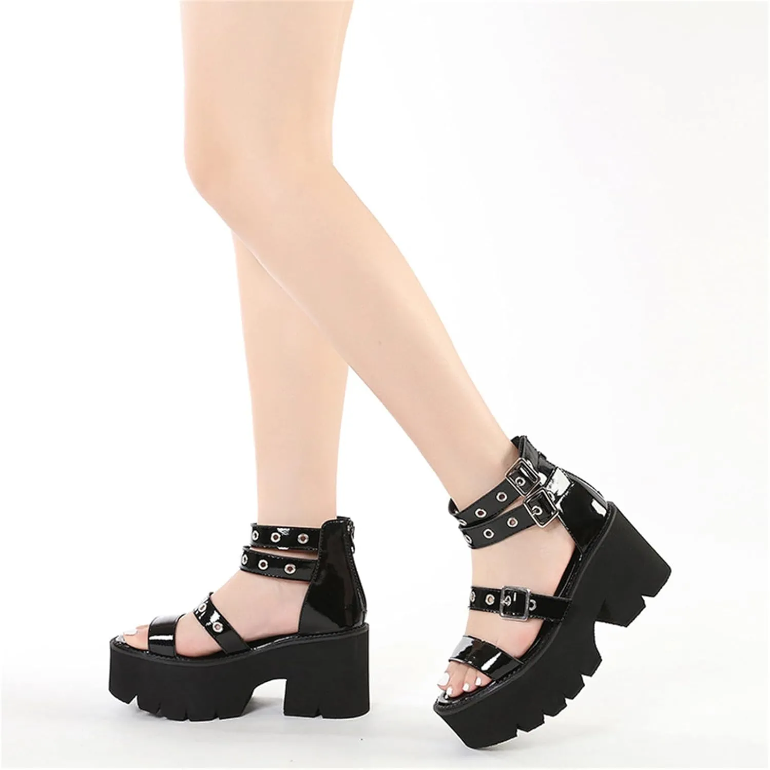 Women's Chunky Platform Heels Gothic Gladiator Sandals With Adjust Studded Metal Buckle Fashion Y2k Wedge Thick Sole Punk Motorcycle Combat Short Boots