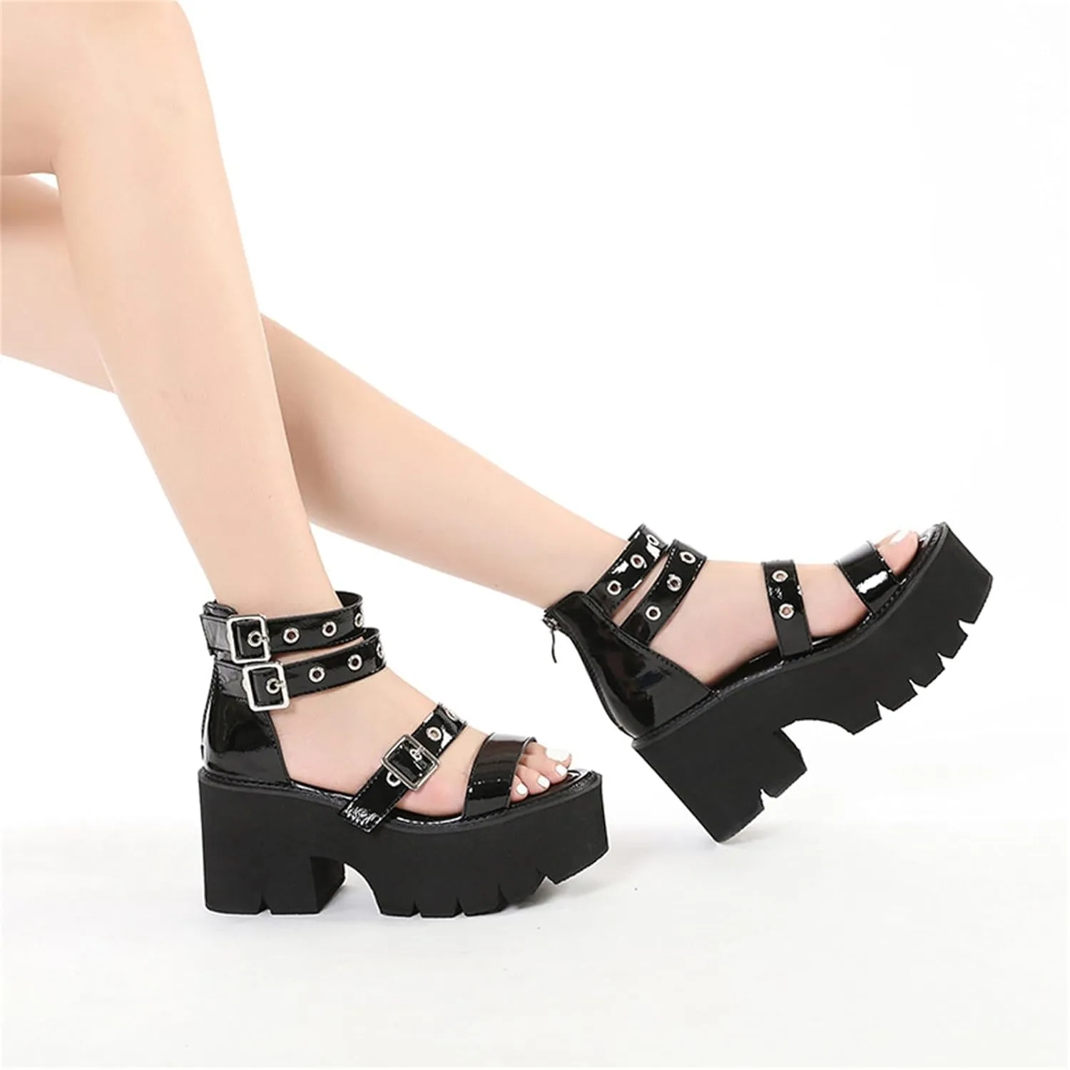 Women's Chunky Platform Heels Gothic Gladiator Sandals With Adjust Studded Metal Buckle Fashion Y2k Wedge Thick Sole Punk Motorcycle Combat Short Boots