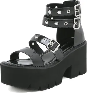 Women's Chunky Platform Heels Gothic Gladiator Sandals With Adjust Studded Metal Buckle Fashion Y2k Wedge Thick Sole Punk Motorcycle Combat Short Boots
