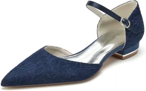 Womens Closed Pointed Toe Low Heels Flat Bridal Shoes for Wedding Lace Dress Shoes for Bride Low Block Heel Flats Pumps Bridesmaids