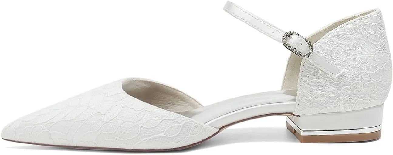 Womens Closed Pointed Toe Low Heels Flat Bridal Shoes for Wedding Lace Dress Shoes for Bride Low Block Heel Flats Pumps Bridesmaids