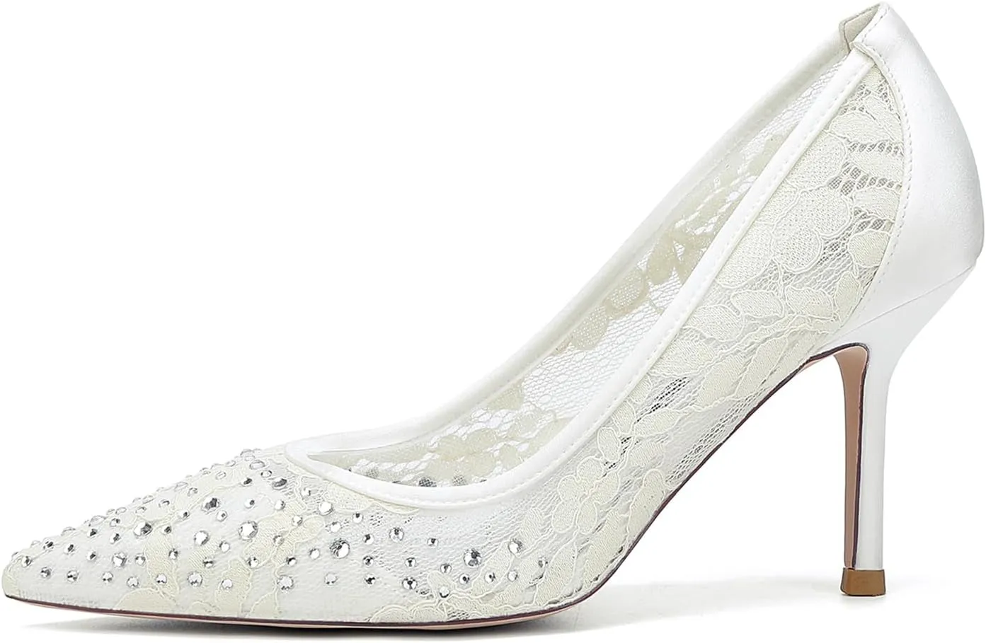 Women's Closed Toe Ivory Bridal Shoes High Heel Slip-On Lace Sandals Pointy Toe Rhinestones Wedding Dress Banquet Shoes