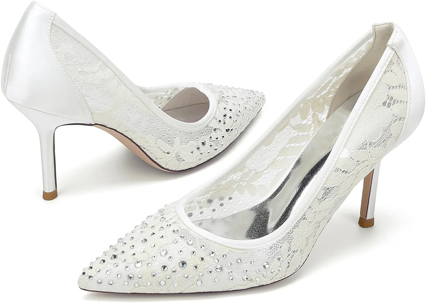 Women's Closed Toe Ivory Bridal Shoes High Heel Slip-On Lace Sandals Pointy Toe Rhinestones Wedding Dress Banquet Shoes