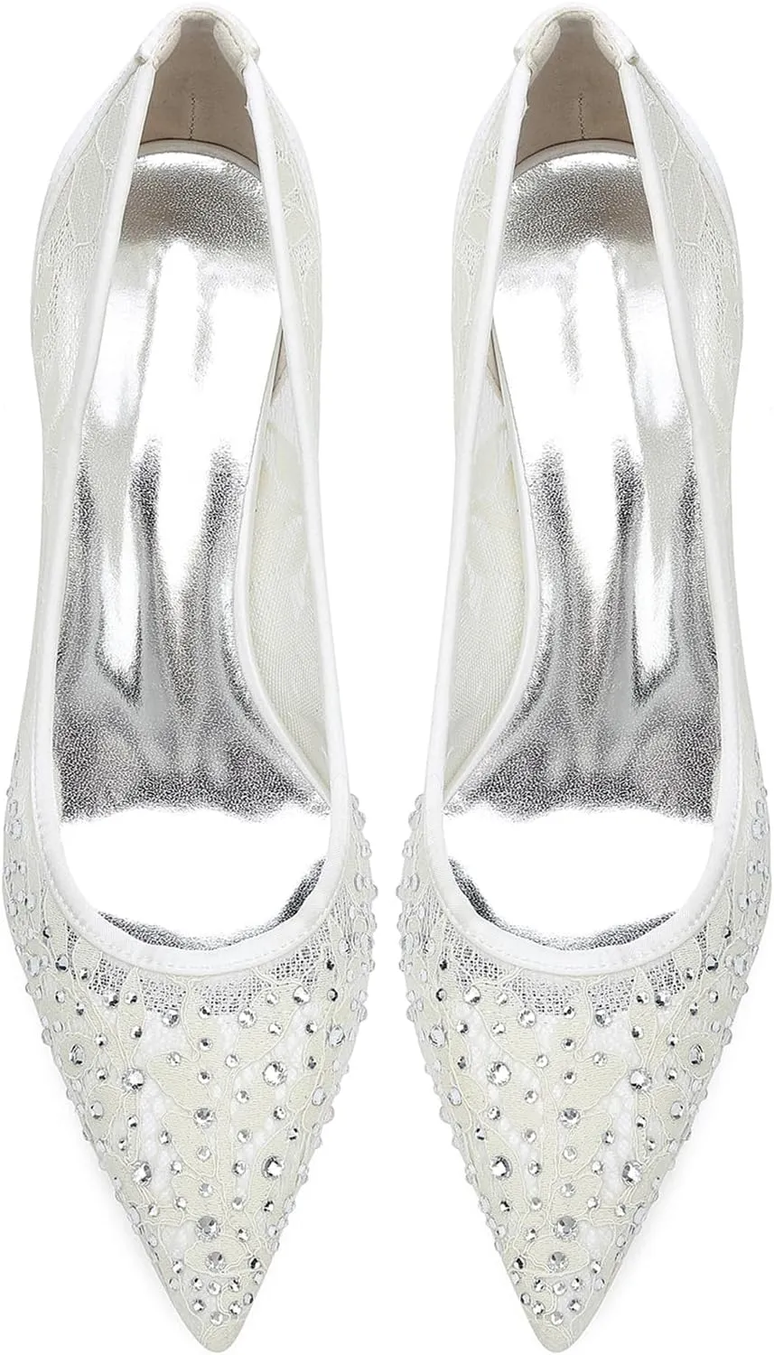 Women's Closed Toe Ivory Bridal Shoes High Heel Slip-On Lace Sandals Pointy Toe Rhinestones Wedding Dress Banquet Shoes