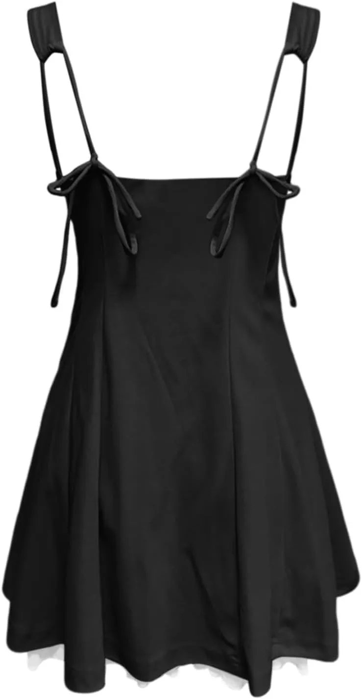 Women's Corset Mini Dress Summer Fashion Y2k Sleeveless Backless Lace Ruffle Solid Color Bow Tie Strap Skater Tank Dress