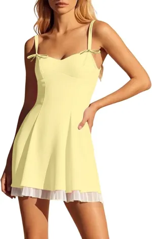 Women's Corset Mini Dress Summer Fashion Y2k Sleeveless Backless Lace Ruffle Solid Color Bow Tie Strap Skater Tank Dress