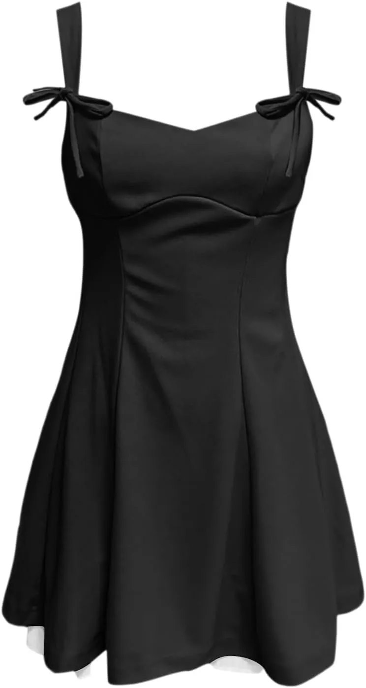 Women's Corset Mini Dress Summer Fashion Y2k Sleeveless Backless Lace Ruffle Solid Color Bow Tie Strap Skater Tank Dress