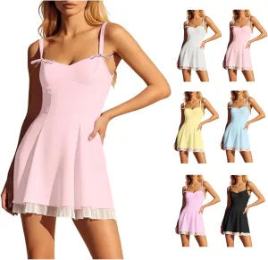 Women's Corset Mini Dress Summer Fashion Y2k Sleeveless Backless Lace Ruffle Solid Color Bow Tie Strap Skater Tank Dress