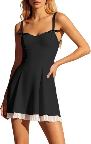 Women's Corset Mini Dress Summer Fashion Y2k Sleeveless Backless Lace Ruffle Solid Color Bow Tie Strap Skater Tank Dress