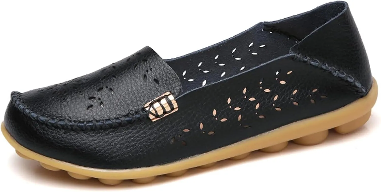 Women's Cowhide Leather Shoes Loafers Flats Sandals Slip-On Cutout Orthopedic Breathable Comfortable Hollow Soft Summer Casual Leather, Loafer Fashion Slip On Walking Round Toe Nurse Driving Shoes