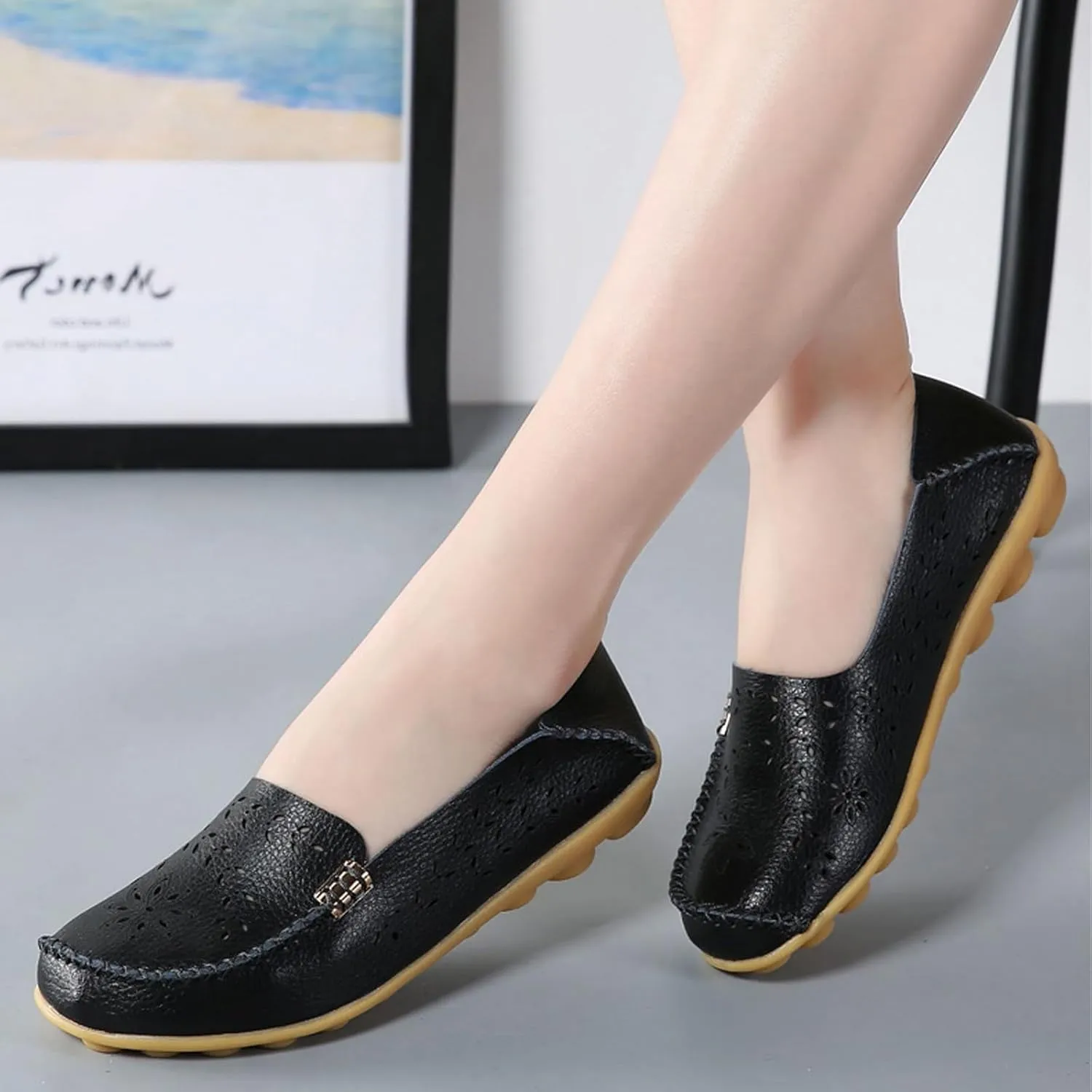 Women's Cowhide Leather Shoes Loafers Flats Sandals Slip-On Cutout Orthopedic Breathable Comfortable Hollow Soft Summer Casual Leather, Loafer Fashion Slip On Walking Round Toe Nurse Driving Shoes
