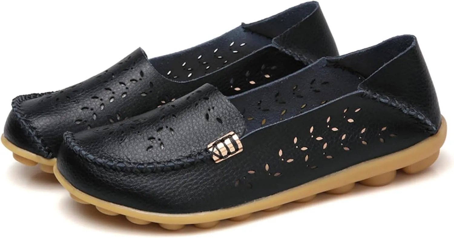 Women's Cowhide Leather Shoes Loafers Flats Sandals Slip-On Cutout Orthopedic Breathable Comfortable Hollow Soft Summer Casual Leather, Loafer Fashion Slip On Walking Round Toe Nurse Driving Shoes