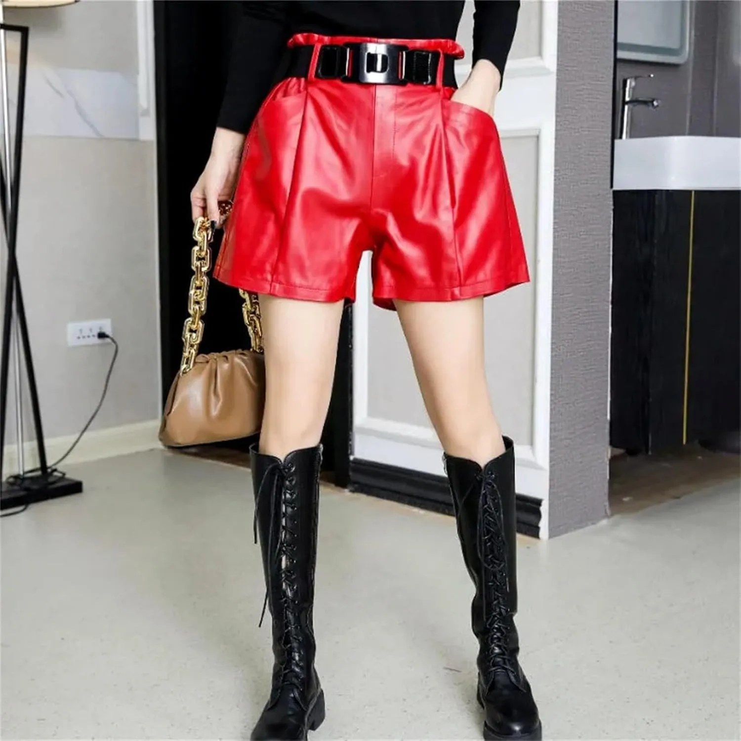 Women’s Double-Layer PU Leather Shorts Edgy Partywear Club Shorts