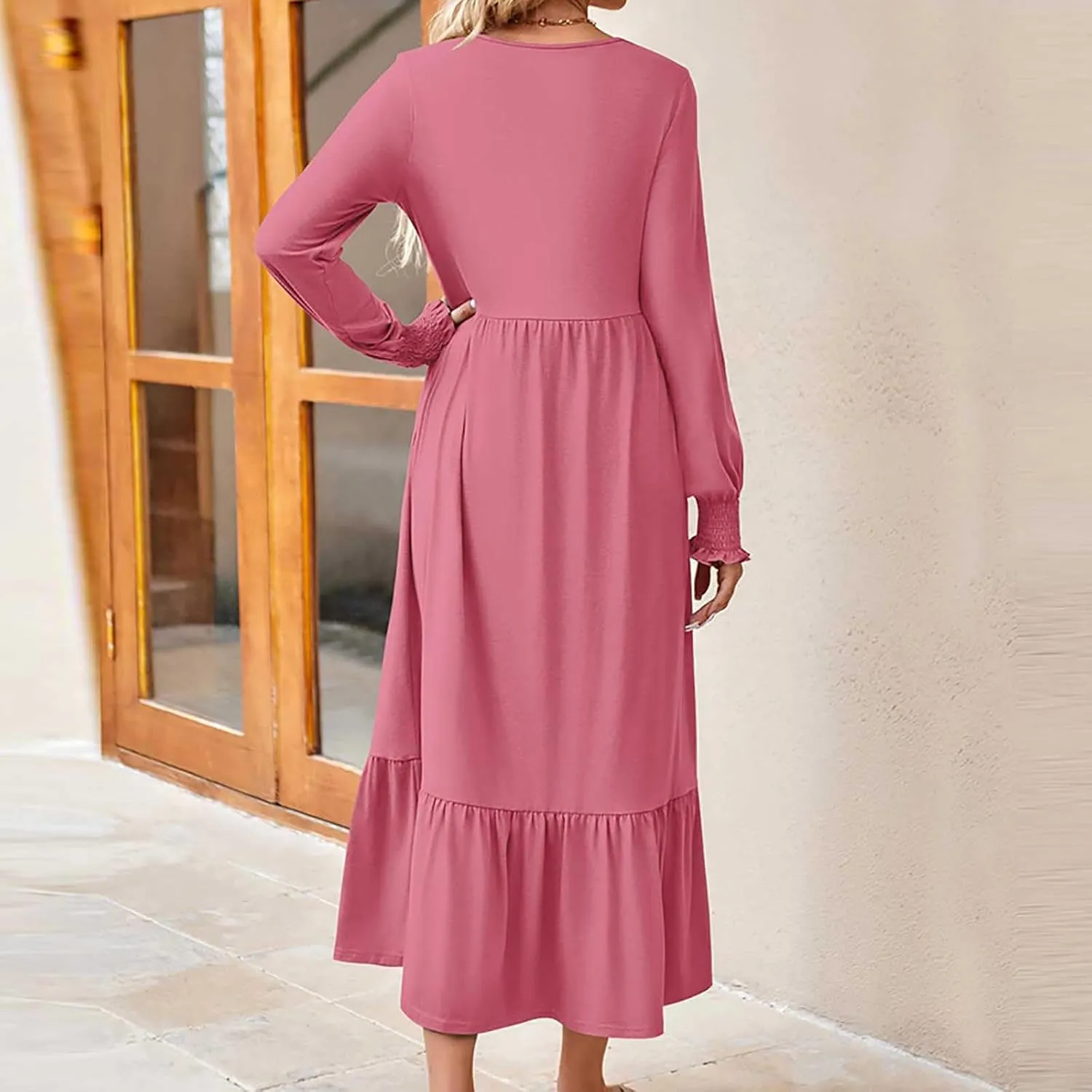 Women's Dresses Loose Fit Long Sleeve Crewneck Solid Tiered Ruffle Hem Maxi Dress Causal T-Shirt Dress with Pockets