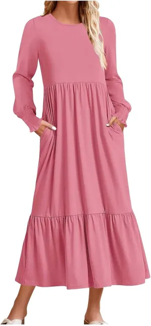 Women's Dresses Loose Fit Long Sleeve Crewneck Solid Tiered Ruffle Hem Maxi Dress Causal T-Shirt Dress with Pockets