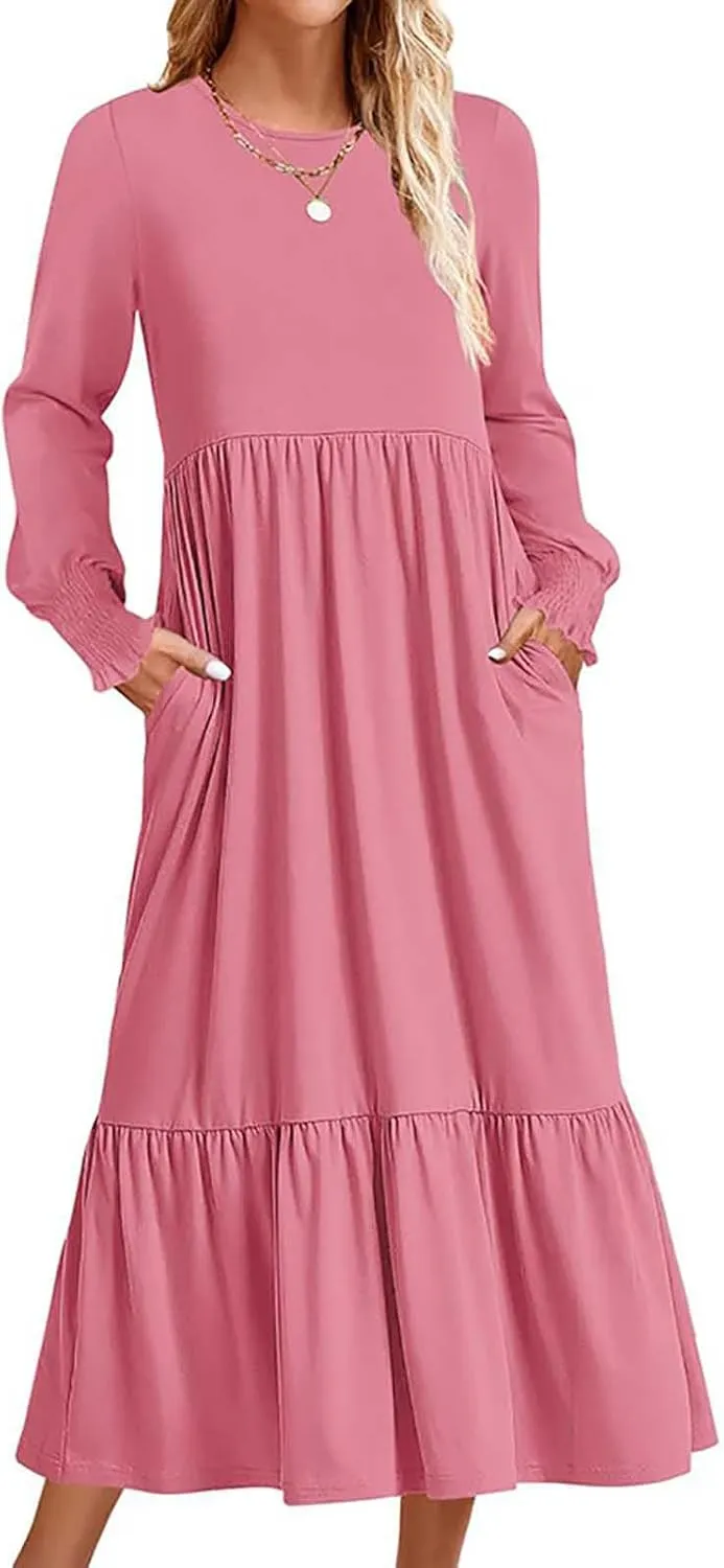 Women's Dresses Loose Fit Long Sleeve Crewneck Solid Tiered Ruffle Hem Maxi Dress Causal T-Shirt Dress with Pockets