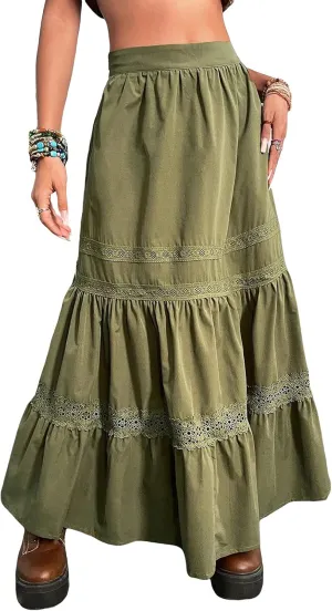 Women‘s Elastic High Waist Layer Ruffle Swing Renaissance Long Maxi Skirt Vintage Y2K Fairycore Lace Trim Green Skirt