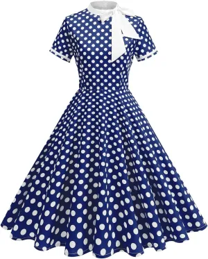 Women's Elegant Dresses Vintage Polka Dot Printed A-Line Dress Short Sleeve Lapel Maxi Skirts Court Business Gowns