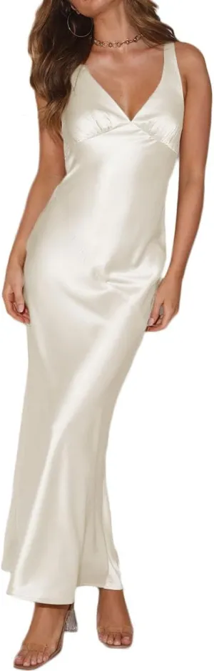 Womens Elegant Satin V Neck Backless Sleeveless Maxi Dress Silk Tie Low Back Formal Cocktail Dresses Wedding Guest