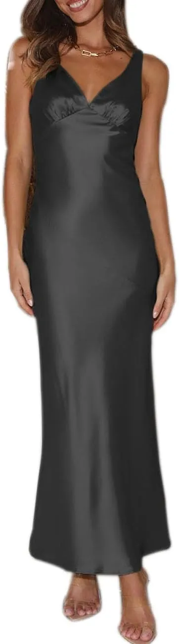 Womens Elegant Satin V Neck Backless Sleeveless Maxi Dress Silk Tie Low Back Formal Cocktail Dresses Wedding Guest
