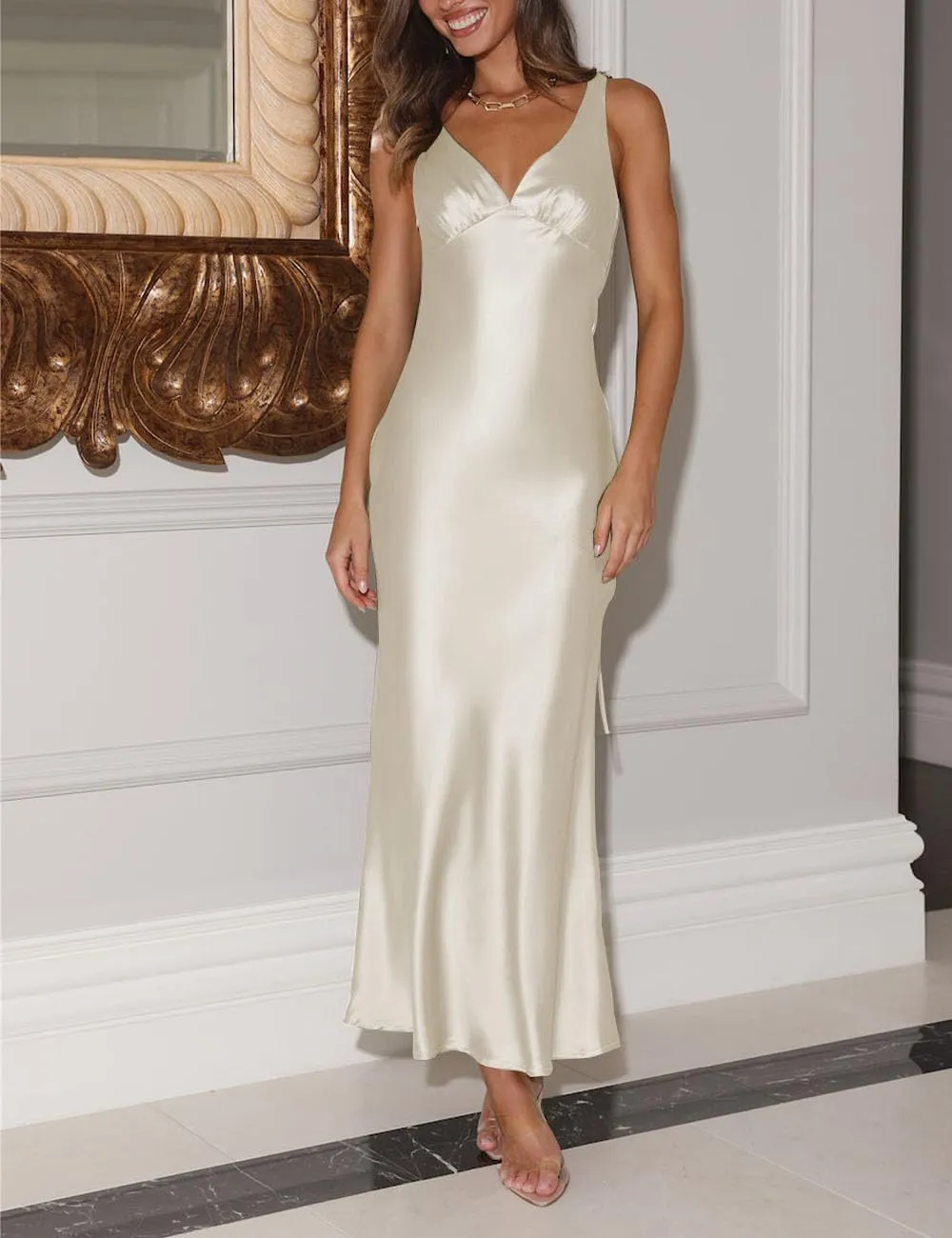Womens Elegant Satin V Neck Backless Sleeveless Maxi Dress Silk Tie Low Back Formal Cocktail Dresses Wedding Guest