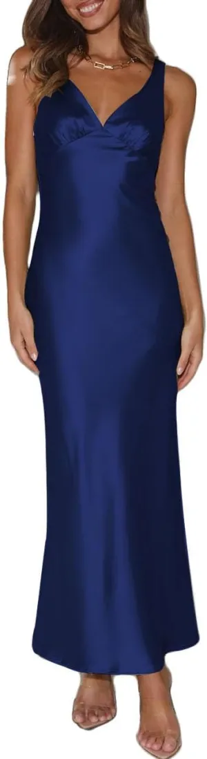 Womens Elegant Satin V Neck Backless Sleeveless Maxi Dress Silk Tie Low Back Formal Cocktail Dresses Wedding Guest