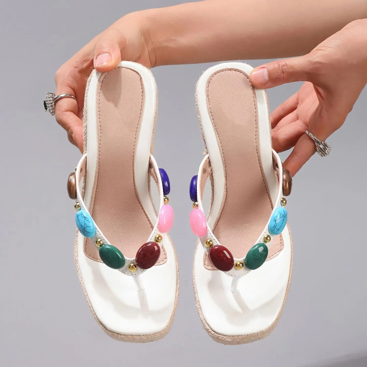 Women's Espadrillles Platform Raffia Beaded Jewelled Flip Flops Heels Sandals for Women Bohemia Rhinestone Chunky Thong Slides Woven Braided Heels