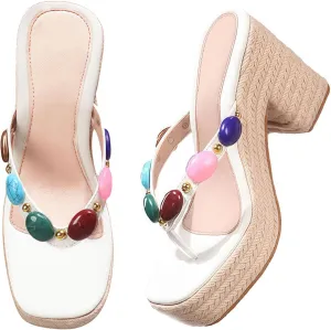 Women's Espadrillles Platform Raffia Beaded Jewelled Flip Flops Heels Sandals for Women Bohemia Rhinestone Chunky Thong Slides Woven Braided Heels