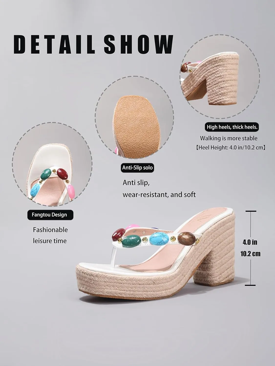 Women's Espadrillles Platform Raffia Beaded Jewelled Flip Flops Heels Sandals for Women Bohemia Rhinestone Chunky Thong Slides Woven Braided Heels